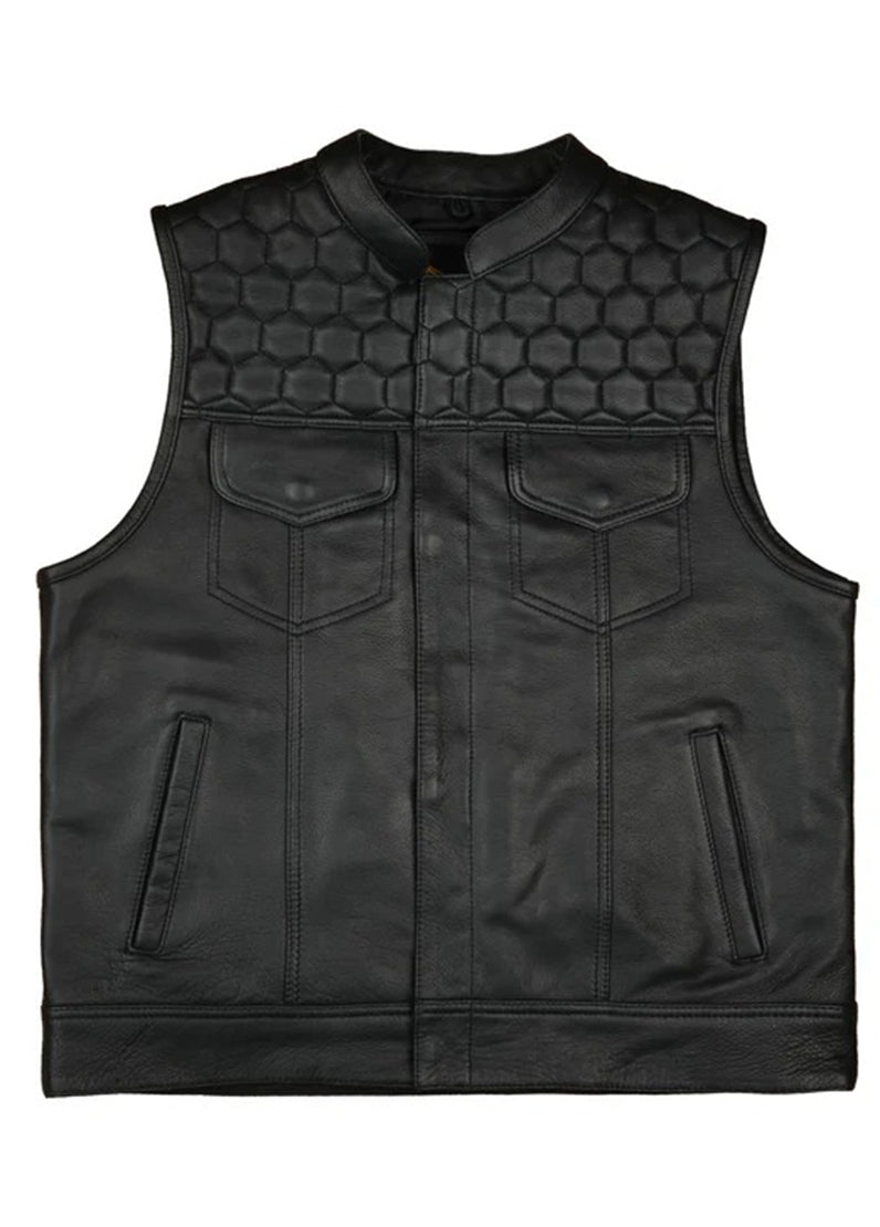 Men’s Black Leather Biker Vest with Hexagon Quilted Shoulder Design