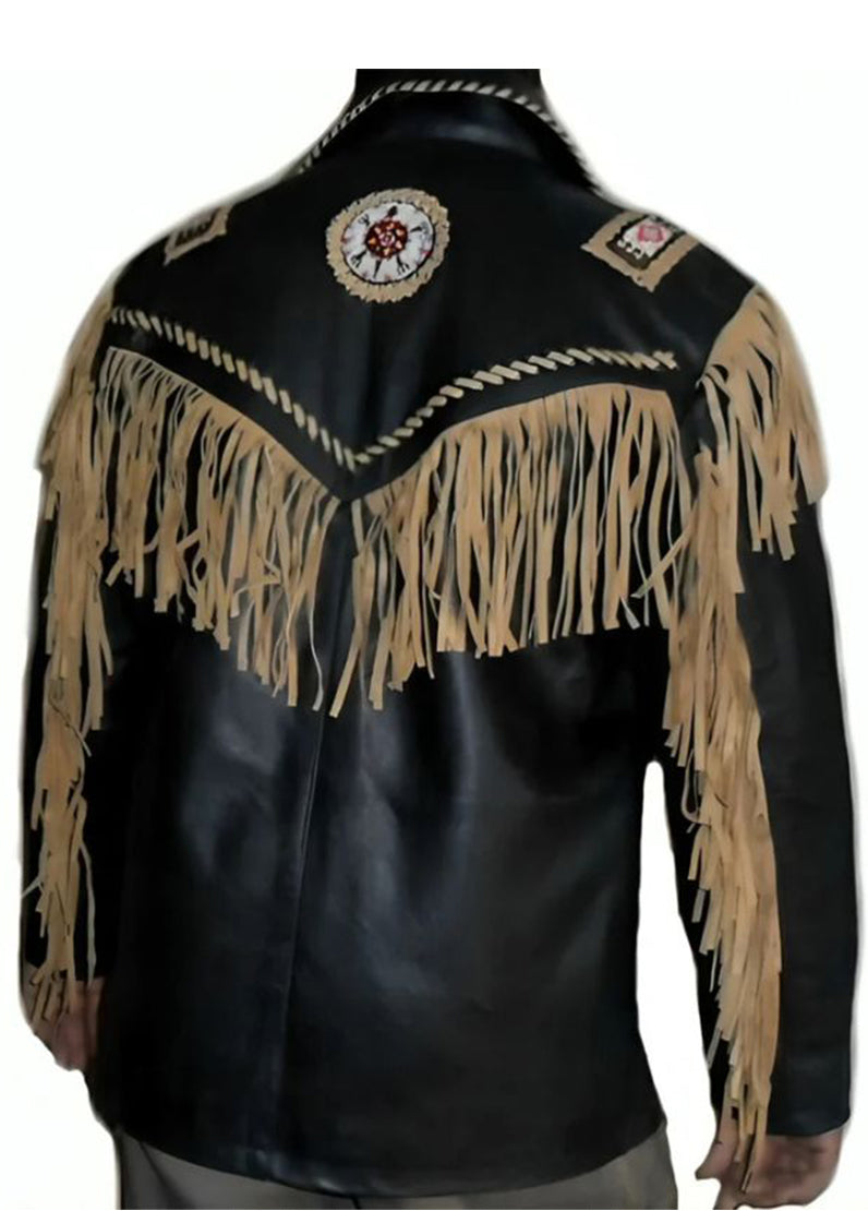 Men's Black Western Fringe Suede Jacket with Native Embroidered Details | Cowboy Style Jacket