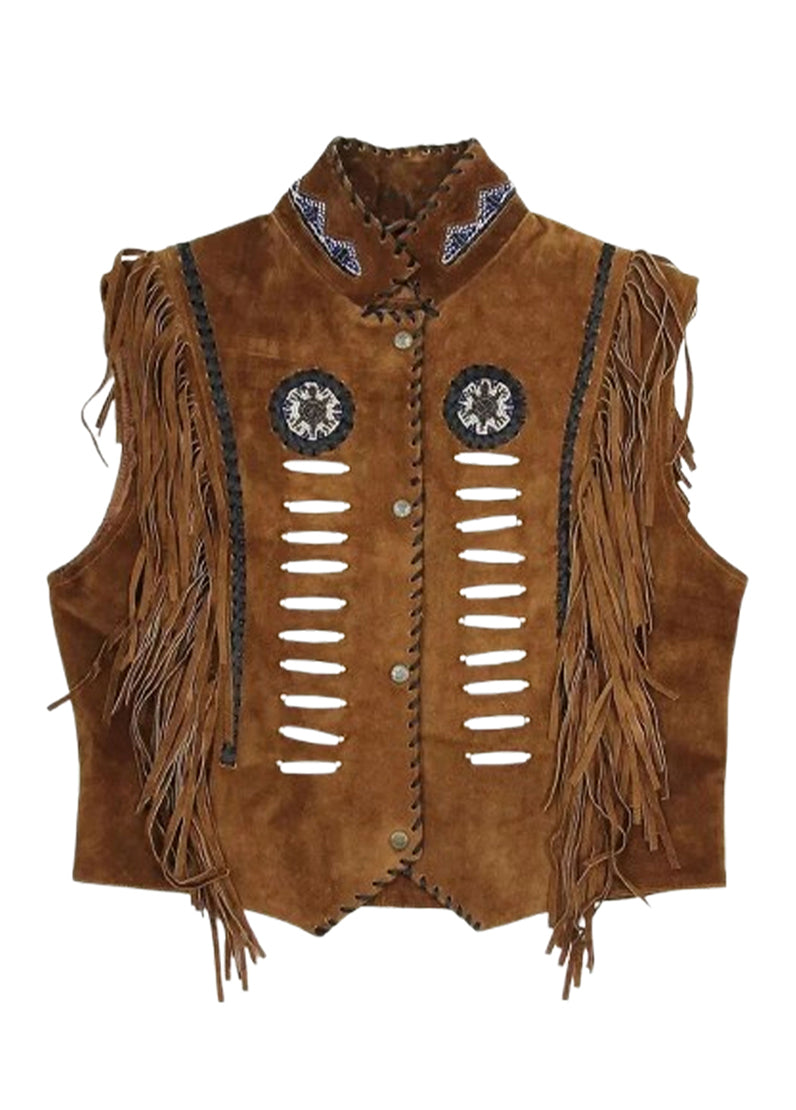 Men’s Brown Western Leather Vest with Fringe – Vintage Cowboy Style Suede Waistcoat | The Western Jacket