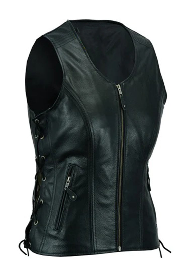 Women’s Black Leather Vest – Lace-Up Sides Motorcycle Style | The Western Jacket
