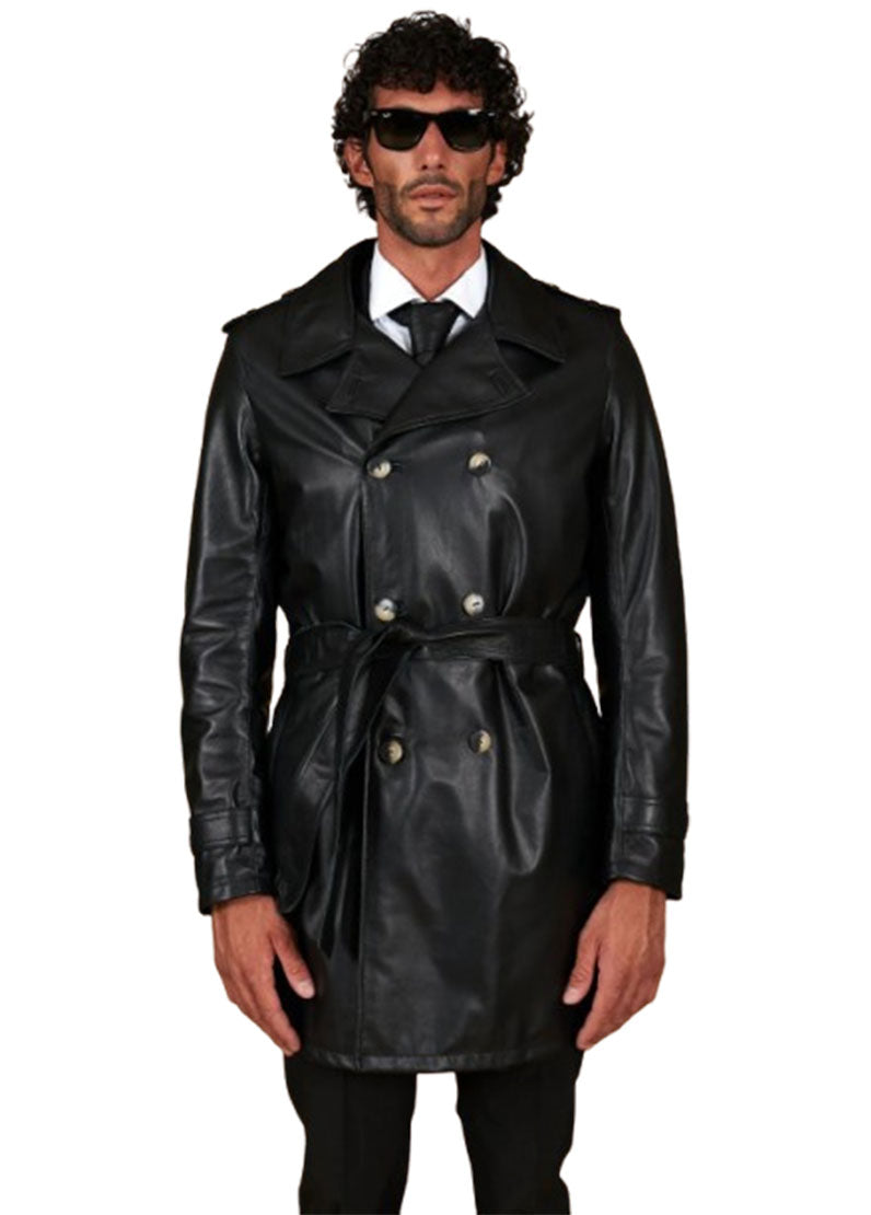 Men’s Real Leather Long Trench Coat – Classic Black Double-Breasted Overcoat | The Western Jacket