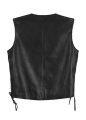 Men’s Black Leather Motorcycle Biker Vest with Side Laces – Classic Snap Button Riding Vest