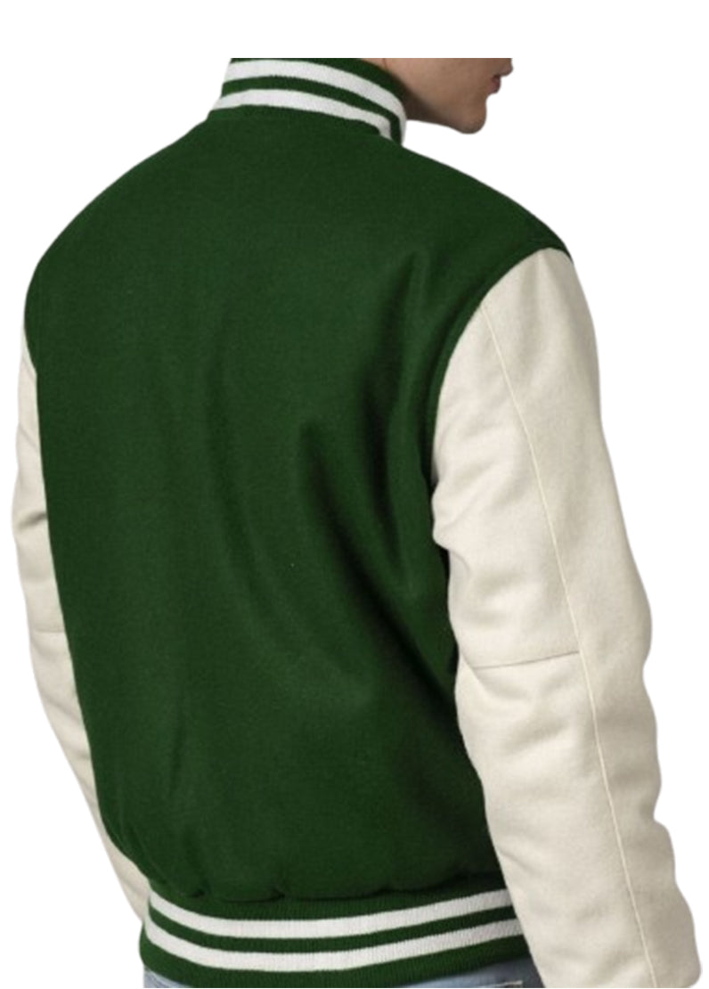 Men’s Forest Green Varsity Jacket with White Sleeves | Classic Letterman Bomber
