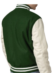 Men’s Forest Green Varsity Jacket with White Sleeves | Classic Letterman Bomber