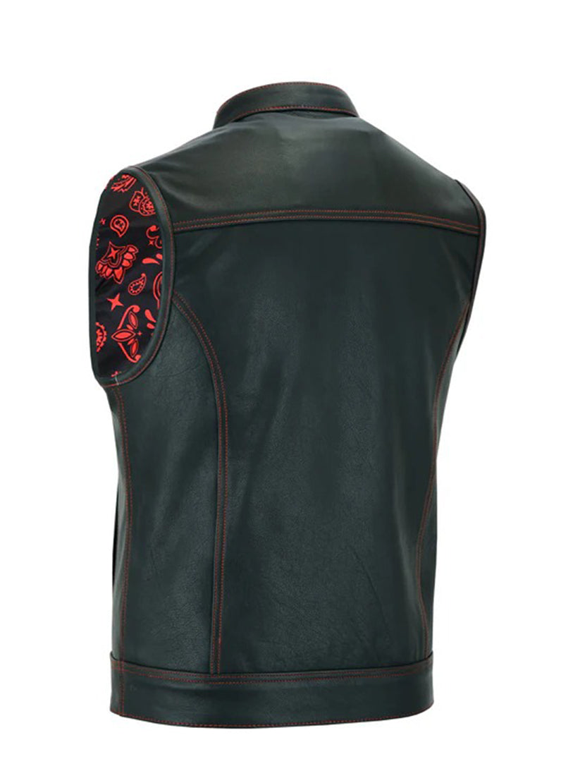 Men’s Black Leather Biker Vest with Red Stitching – Premium Motorcycle Western Vest | The Western Jacket