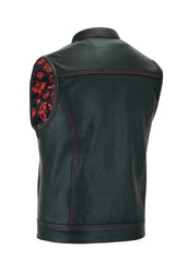 Men’s Black Leather Biker Vest with Red Stitching – Premium Motorcycle Western Vest | The Western Jacket