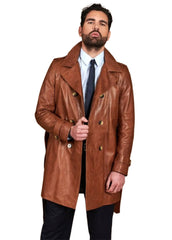 Men's Brown Genuine Leather Double-Breasted Trench Coat / Belted Mid-Length Jacket