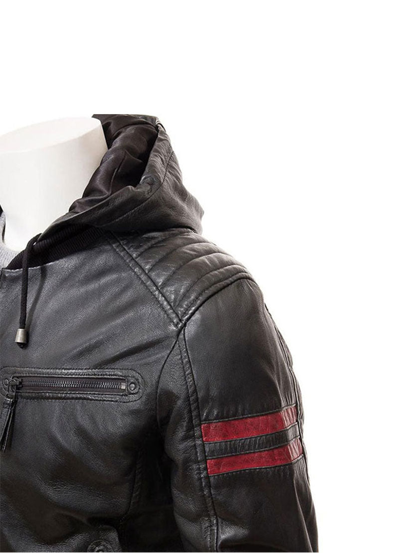 Men’s Black Hooded Biker Leather Jacket – Genuine Leather Motorcycle Style by The Western Jacket