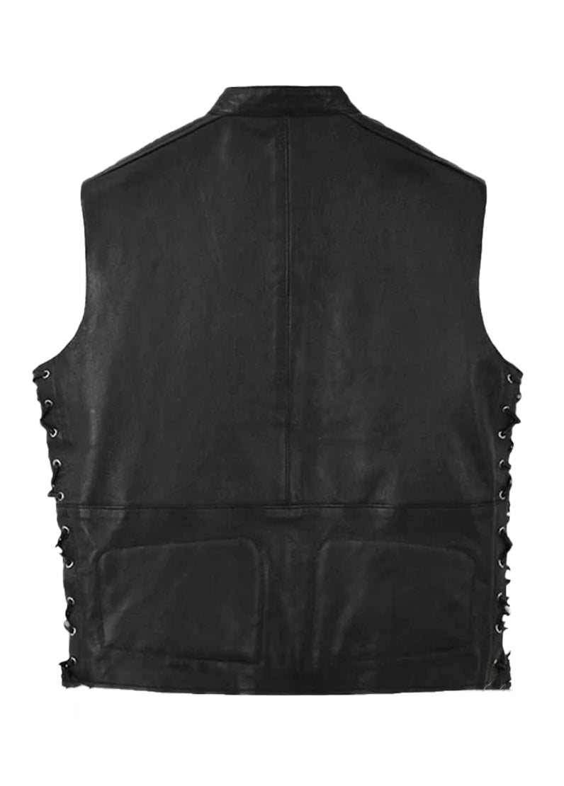Men’s Black Gothic Leather Biker Vest with Side Laces & Studded Design