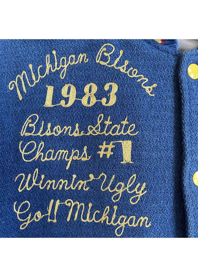 1983 Michigan Bisons Championship Blue & White Wool Leather Varsity Jacket for Men