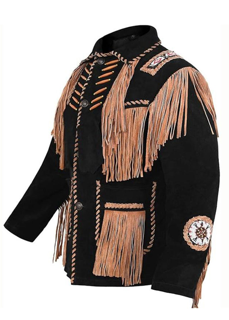 Men's Black Western Fringe Suede Jacket – Cowboy Style Tassel Leather Inspired Coat with Tribal Embroidery