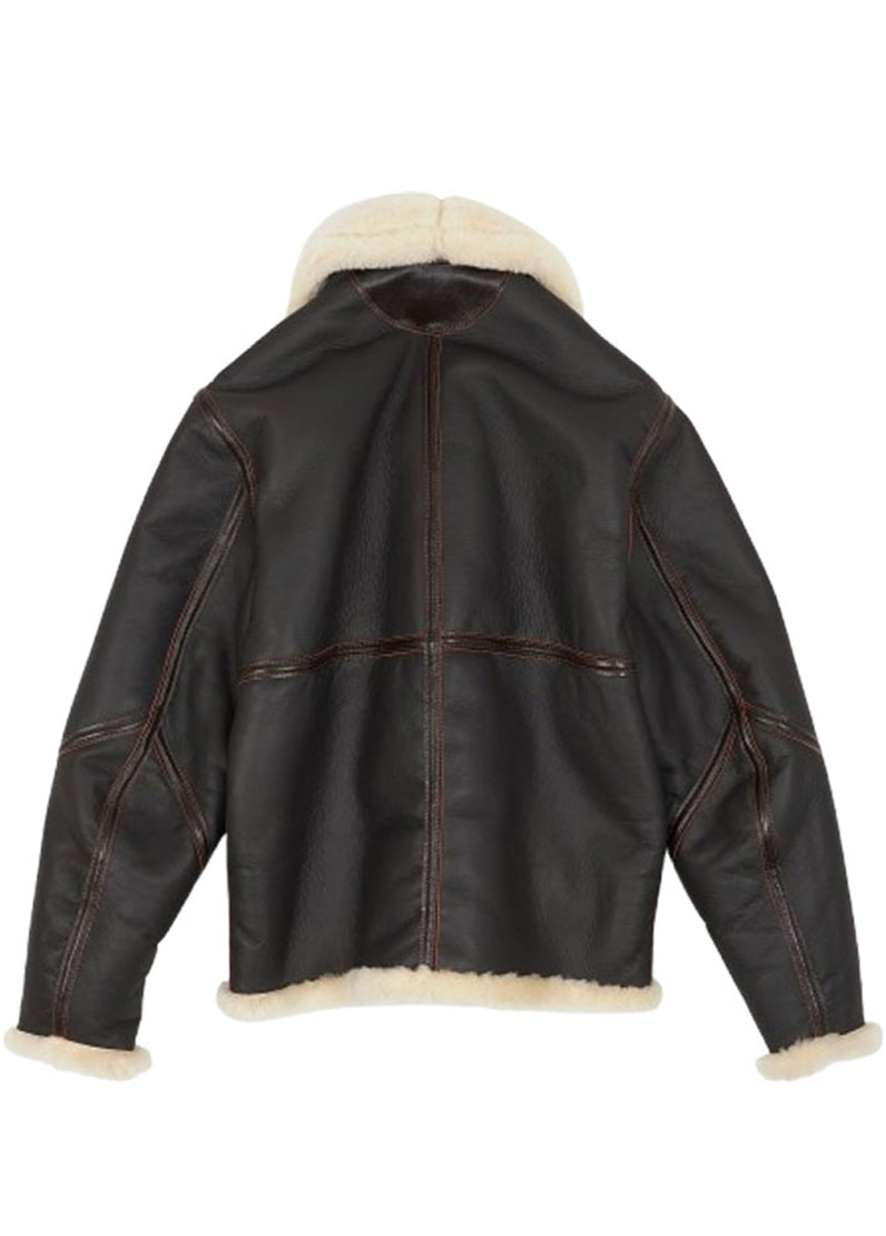 Men’s Dark Brown Shearling Aviator Leather Jacket with Cream Fur Collar | The Western Jacket