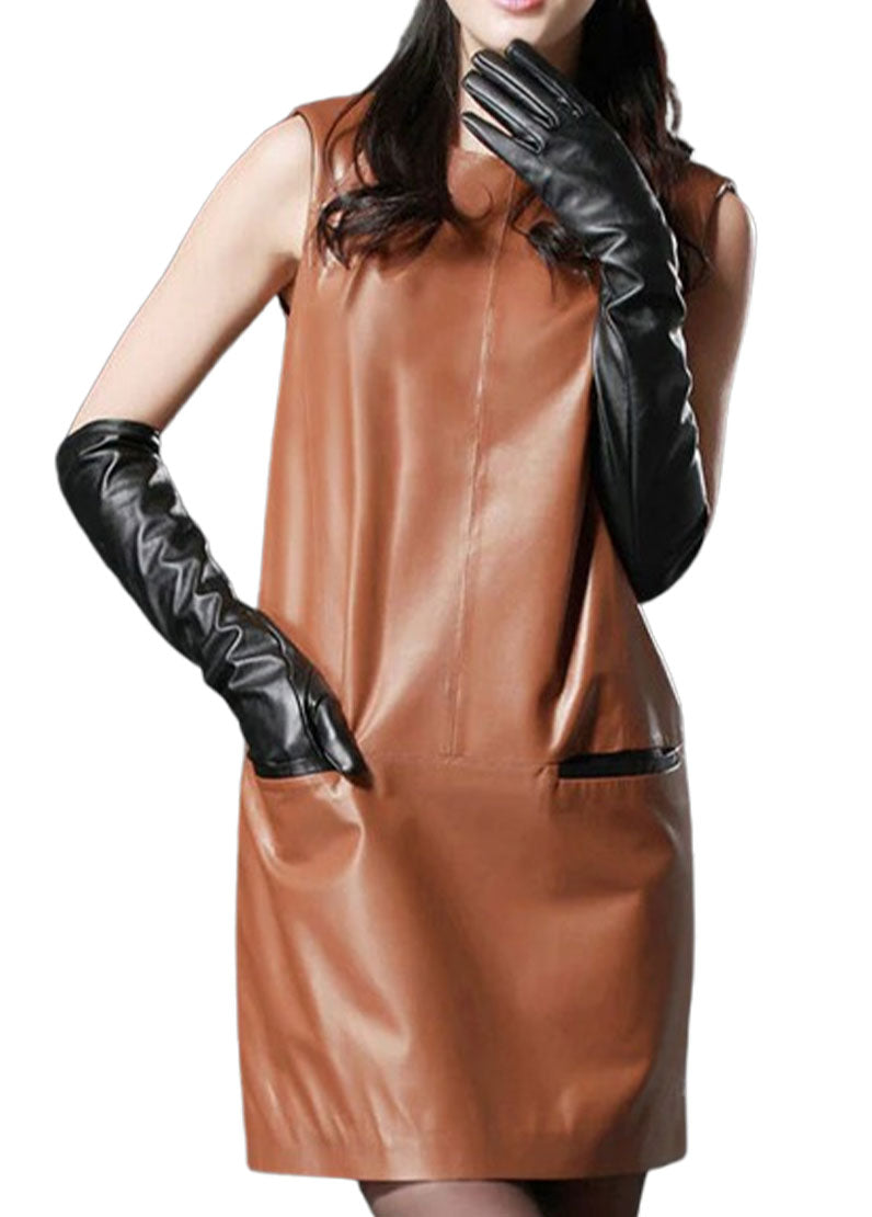 Women’s Tan Genuine Leather Sleeveless Mini Dress | The Western Jacket