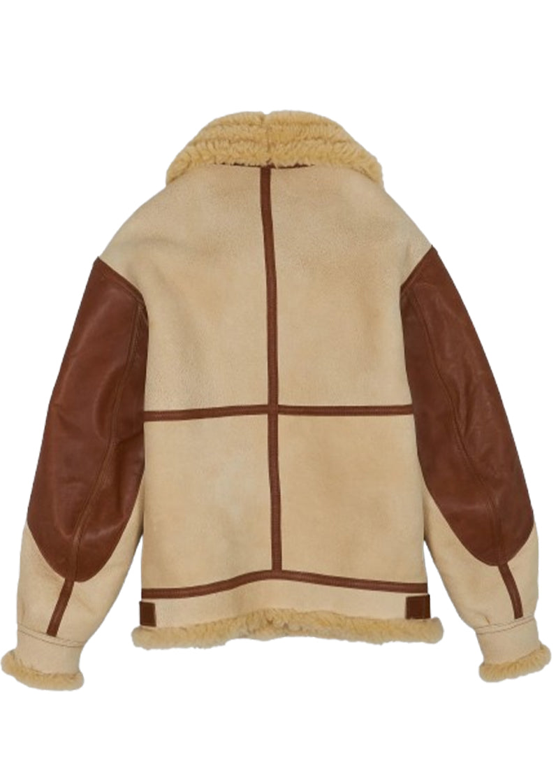 Men's B3 Shearling Aviator Flight Jacket Beige & Brown Leather Trim Winter Bomber Jacket