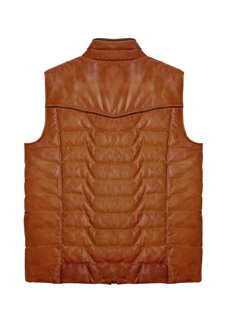 Men’s Brown Quilted Leather Puffer Vest – Premium Winter Zip-Up Sleeveless Jacket