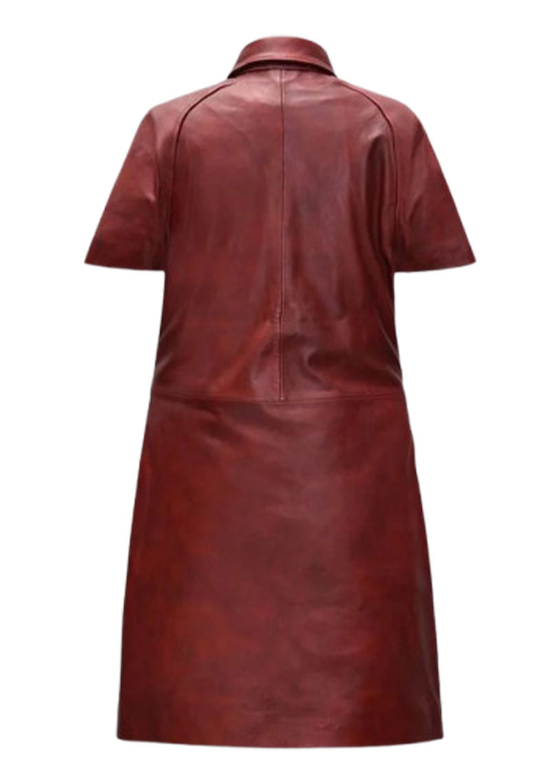 Women’s Maroon Genuine Leather Short-Sleeve Dress | The Western Jacket