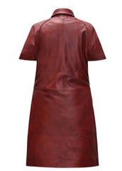 Women’s Maroon Genuine Leather Short-Sleeve Dress | The Western Jacket