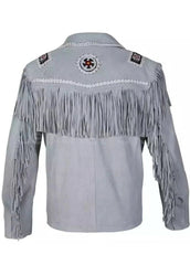 Men’s White Western Fringe Leather Jacket – Handmade Cowboy Suede Jacket with Native Embroidered Details