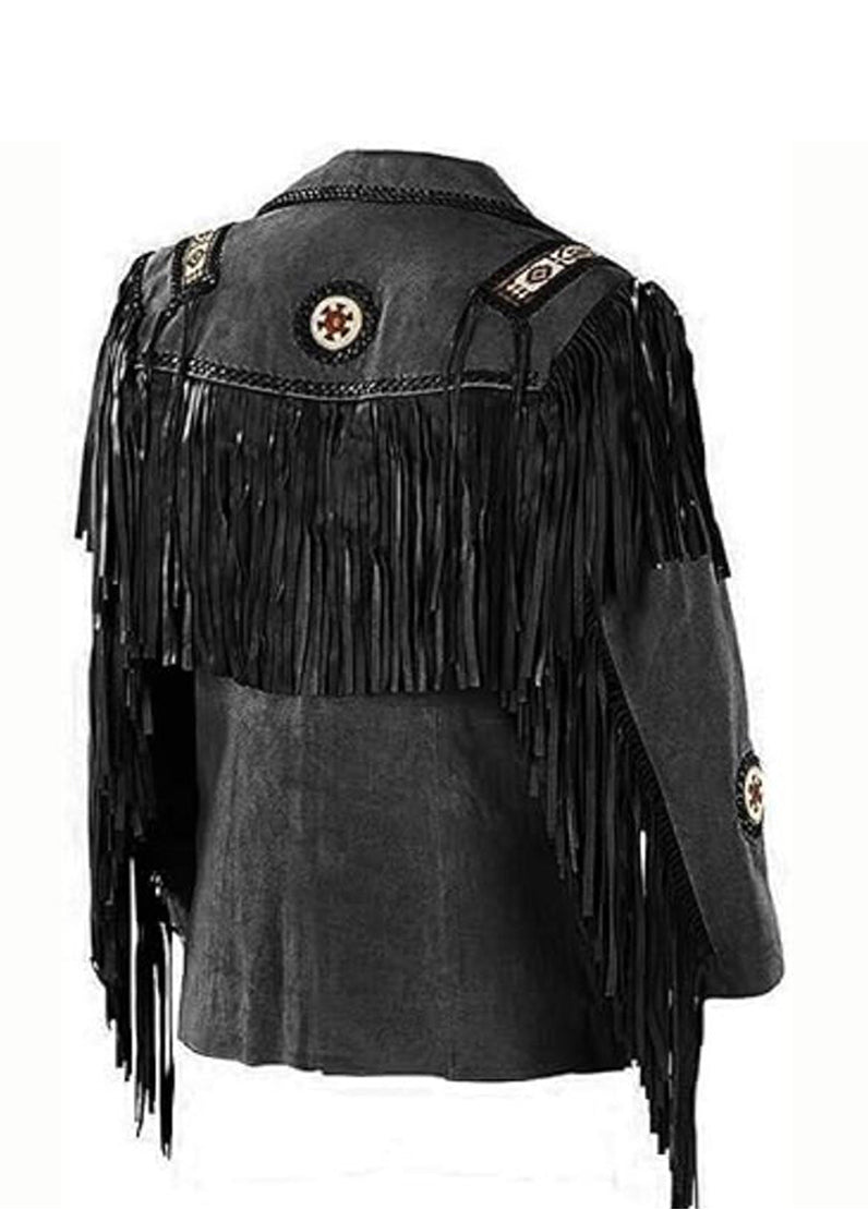 Men’s Black Western Fringe Leather Jacket with Native Inspired Detailing | Cowboy Style Tassel Jacket