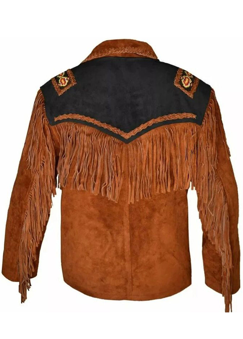 Men’s Rustic Brown Western Fringe Suede Leather Jacket – Cowboy Style Tassel Coat