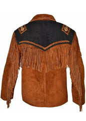 Men’s Rustic Brown Western Fringe Suede Leather Jacket – Cowboy Style Tassel Coat