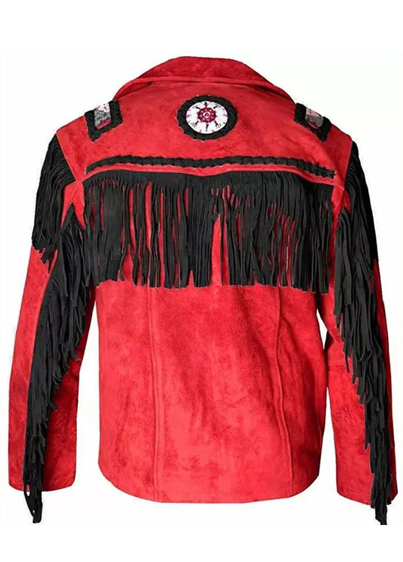 Men’s Red Western Fringe Suede Leather Jacket with Black Tassels | Cowboy Style Jacket