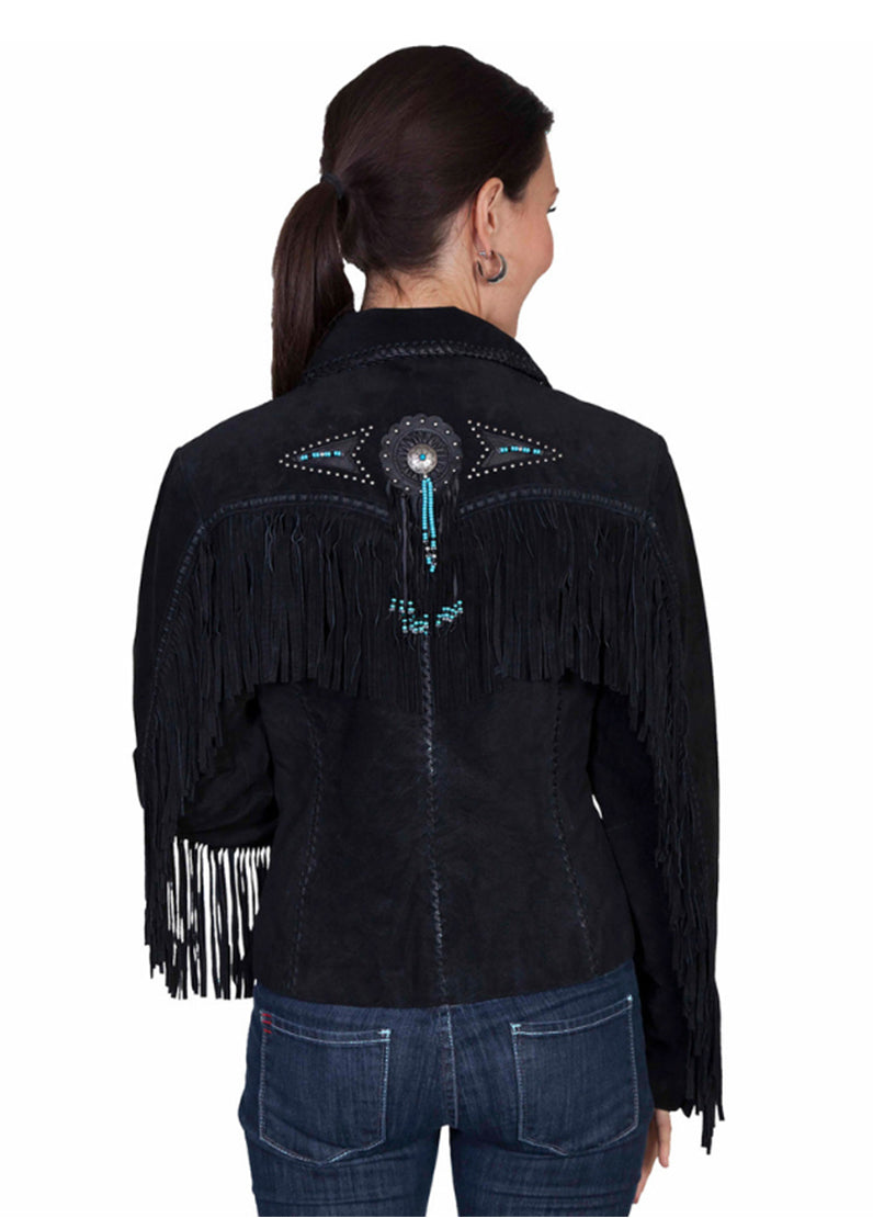 Women's Black Suede Fringe Western Jacket with Turquoise Beaded Concho | Handmade Cowgirl Leather Jacket