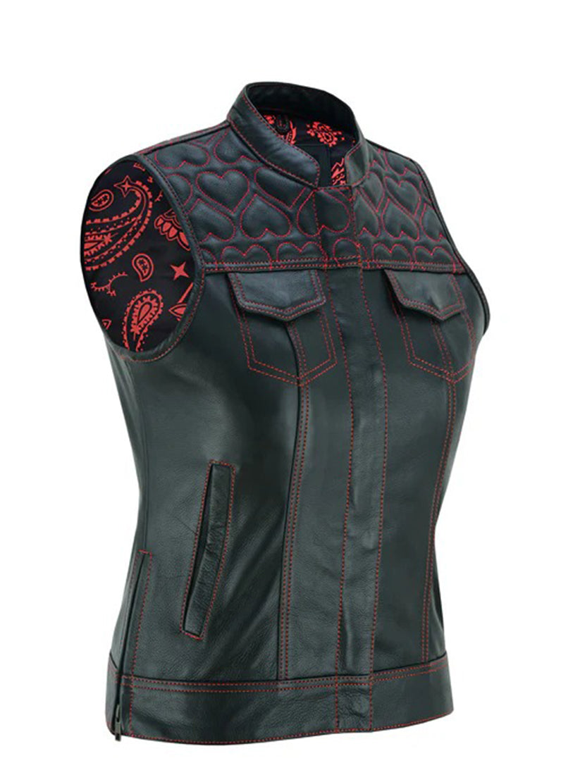 Women’s Black Leather Vest with Red Heart Stitching | Stylish Western Sleeveless Jacket