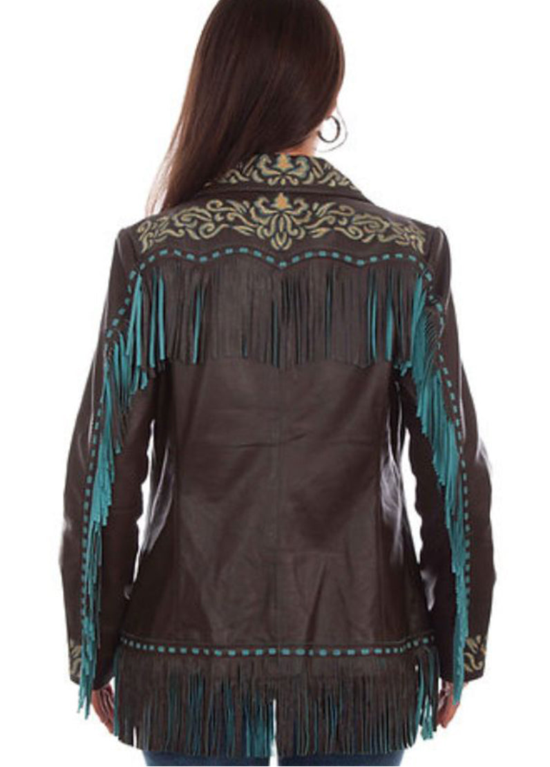 Women's Western Fringe Leather Jacket – Brown Embroidered Cowboy Jacket with Turquoise Fringe | Premium Western Style by The Western Jacket
