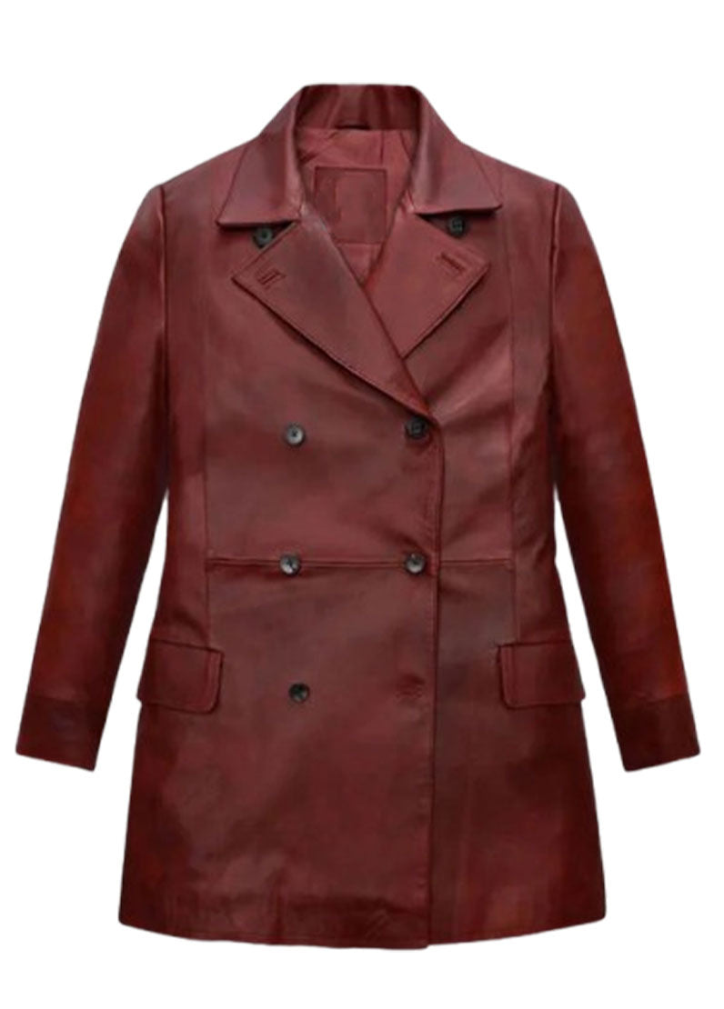 Women’s Genuine Leather Long Coat – Burgundy Classic Double-Breasted Trench | The Western Jacket