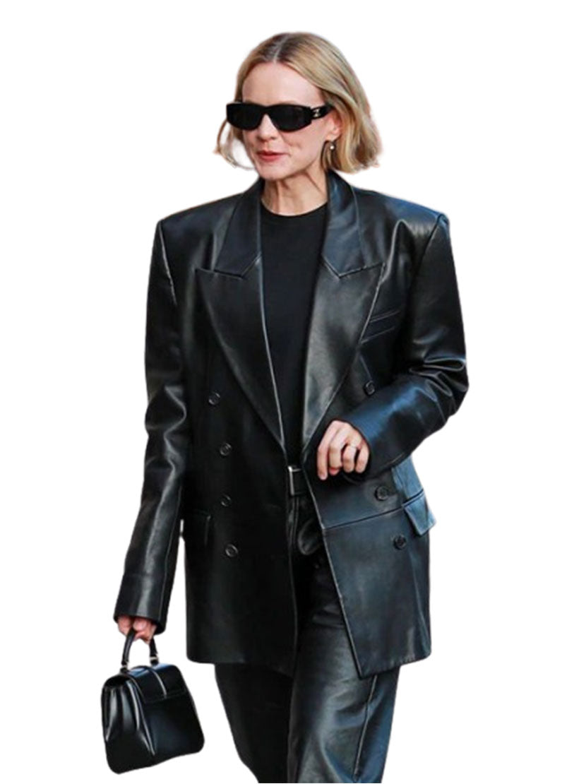 Women’s Genuine Leather Long Coat – Black Double-Breasted Blazer by The Western Jacket