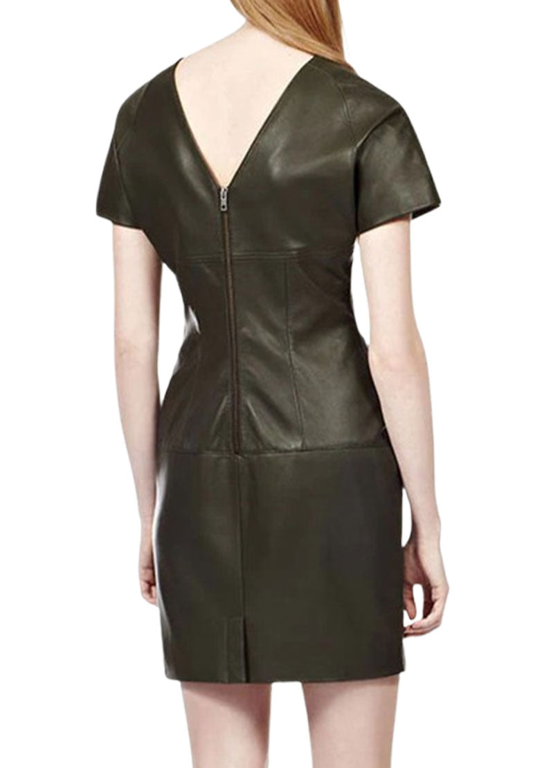 Women’s Olive Green Genuine Leather Mini Dress | The Western Jacket