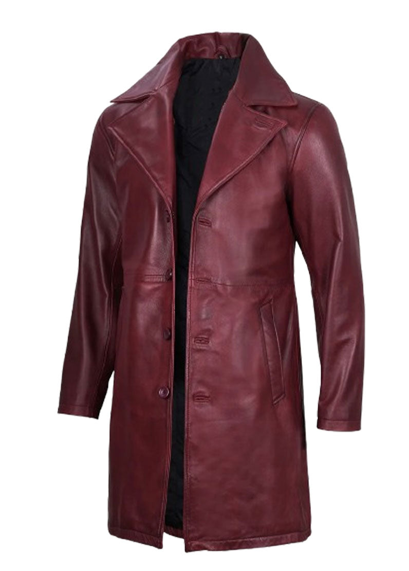 Men's Genuine Leather Burgundy Mid-Length Coat