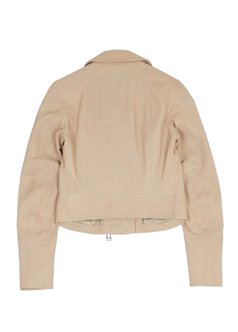 Women’s Beige Genuine Leather Biker Jacket – Stylish Short Fit by The Western Jacket