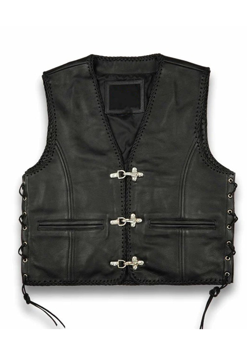 Men’s Black Leather Biker Vest with Side Lace & Metal Hook Closure