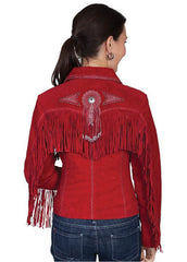 Women's Ruby Red Suede Fringe Western Jacket – Handmade Cowgirl Leather Coat with Concho Bead Detail