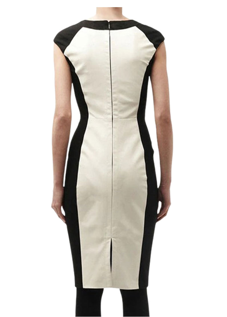 Women’s Black and White Genuine Leather Bodycon Long Dress | The Western Jacket