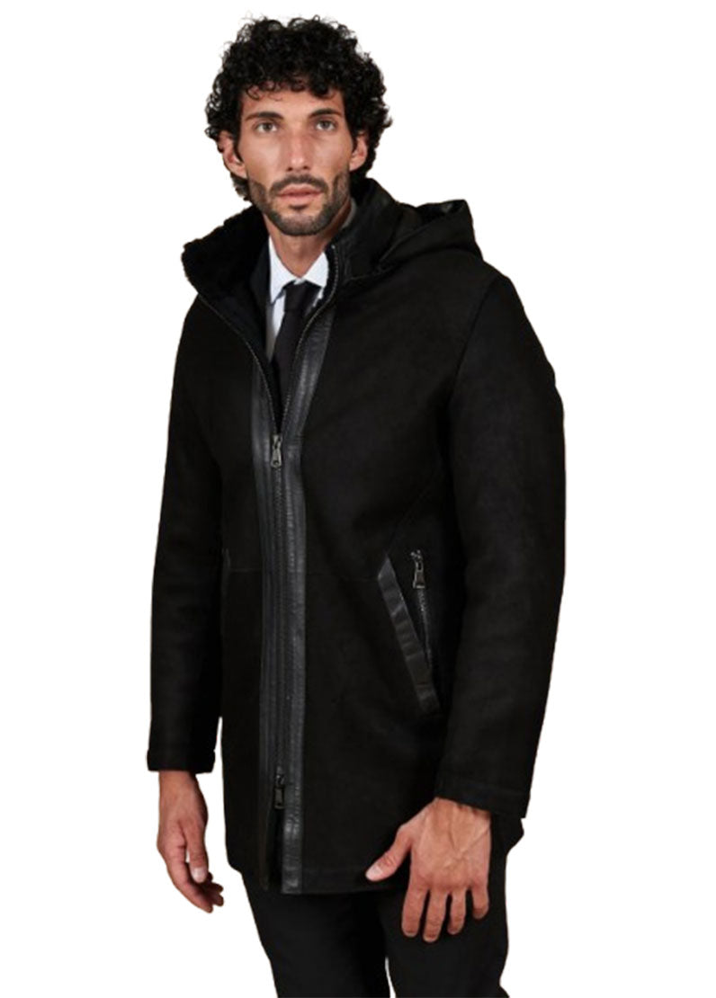 Men’s Black Suede Leather Long Coat with Hood – Classic Winter Overcoat by The Western Jacket