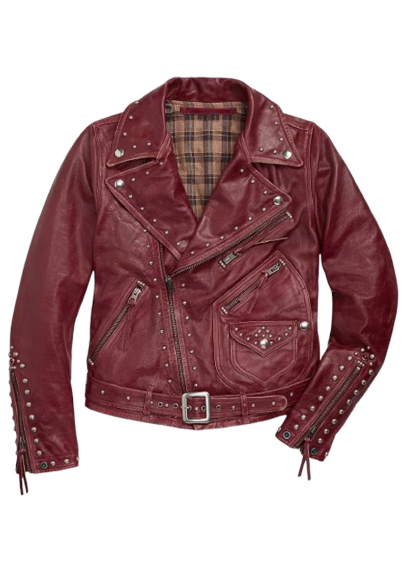 Women's Studded Burgundy Genuine Leather Biker Jacket – The Western Jacket