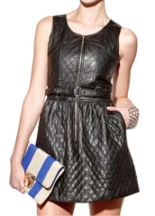 Women's Quilted Black Genuine Leather Short Dress | The Western Jacket