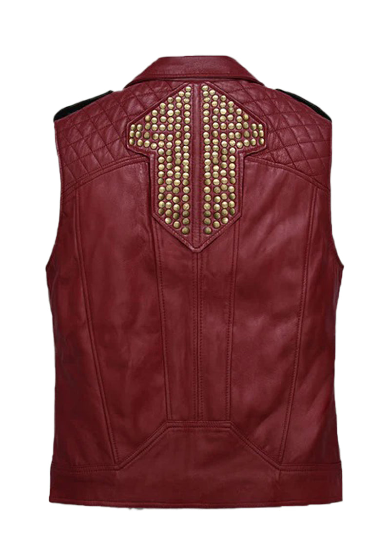 Men’s Red Biker Leather Vest with Studded Back – Premium Motorcycle Style | The Western Jacket