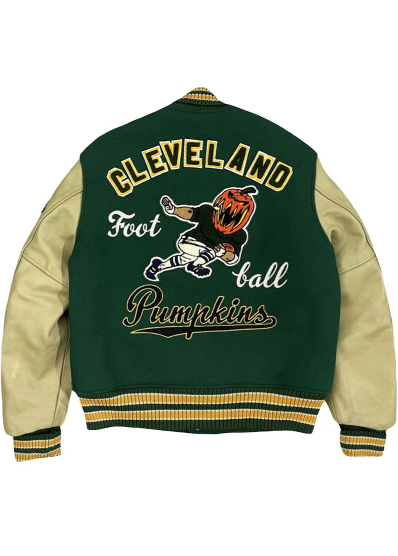 Cleveland Pumpkins Green Varsity Jacket – Premium Wool & Leather Letterman Jacket | Vintage Football Patch Bomber | The Western Jacket
