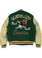 Cleveland Pumpkins Green Varsity Jacket – Premium Wool & Leather Letterman Jacket | Vintage Football Patch Bomber | The Western Jacket