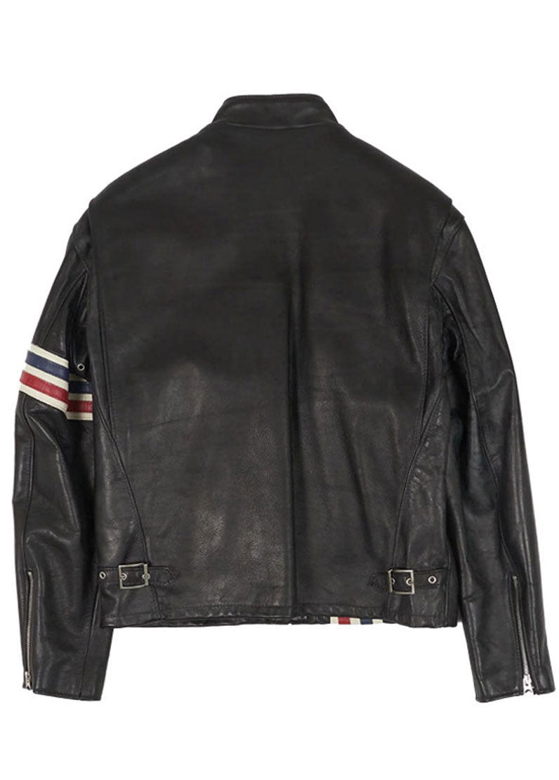 Men’s Black Genuine Leather Racer Jacket with Red and White Stripes – The Western Jacket