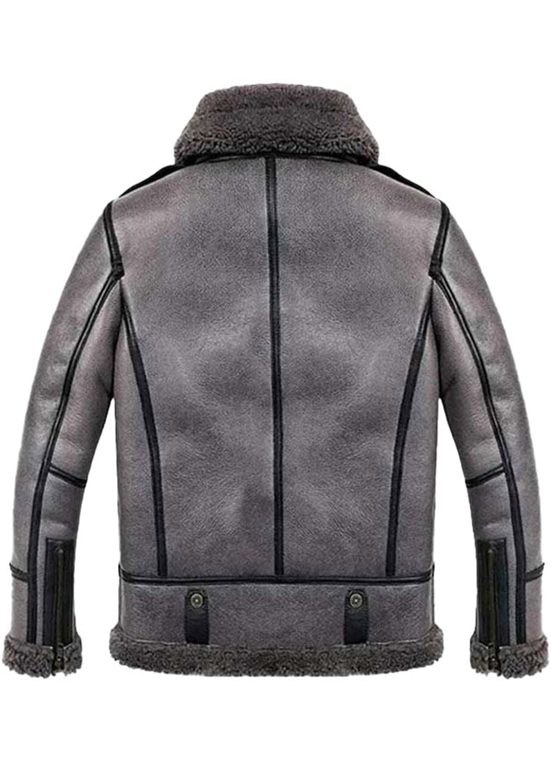 Men's Arctic Grey Shearling Aviator Leather Jacket – Winter Faux Fur B3 Bomber Jacket