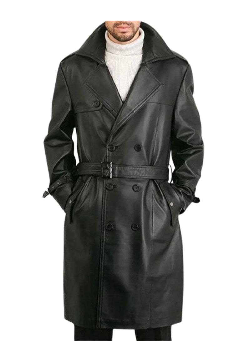 Men's Classic Black Genuine Leather Trench Coat - Double-Breasted Overcoat