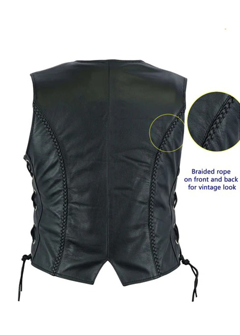 Women’s Black Leather Biker Vest – Vintage Braided Side Lace Waistcoat | The Western Jacket