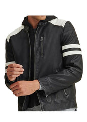 Men’s Black Genuine Leather Racer Jacket with White Stripes – The Western Jacket