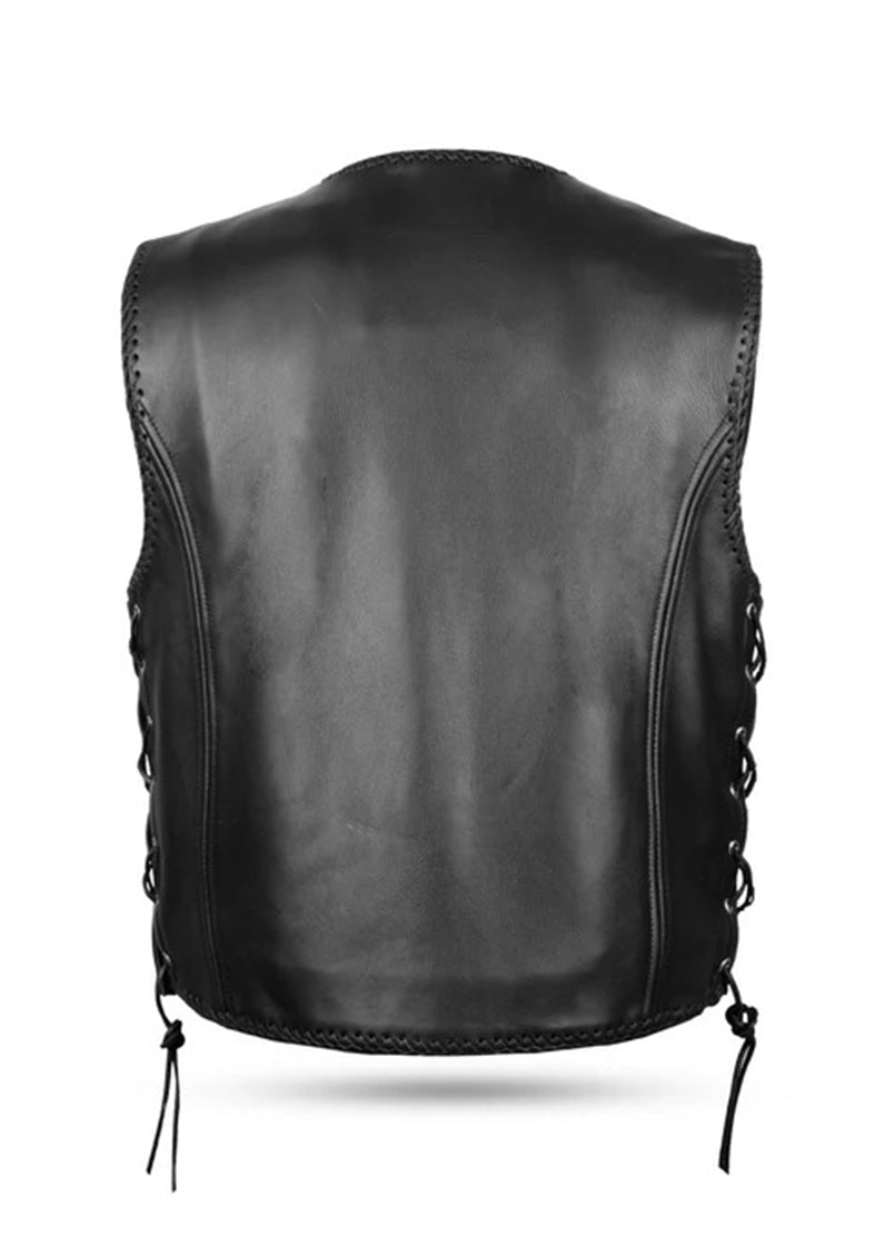 Men’s Black Leather Biker Vest with Side Lace & Metal Hook Closure