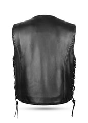 Men’s Black Leather Biker Vest with Side Lace & Metal Hook Closure